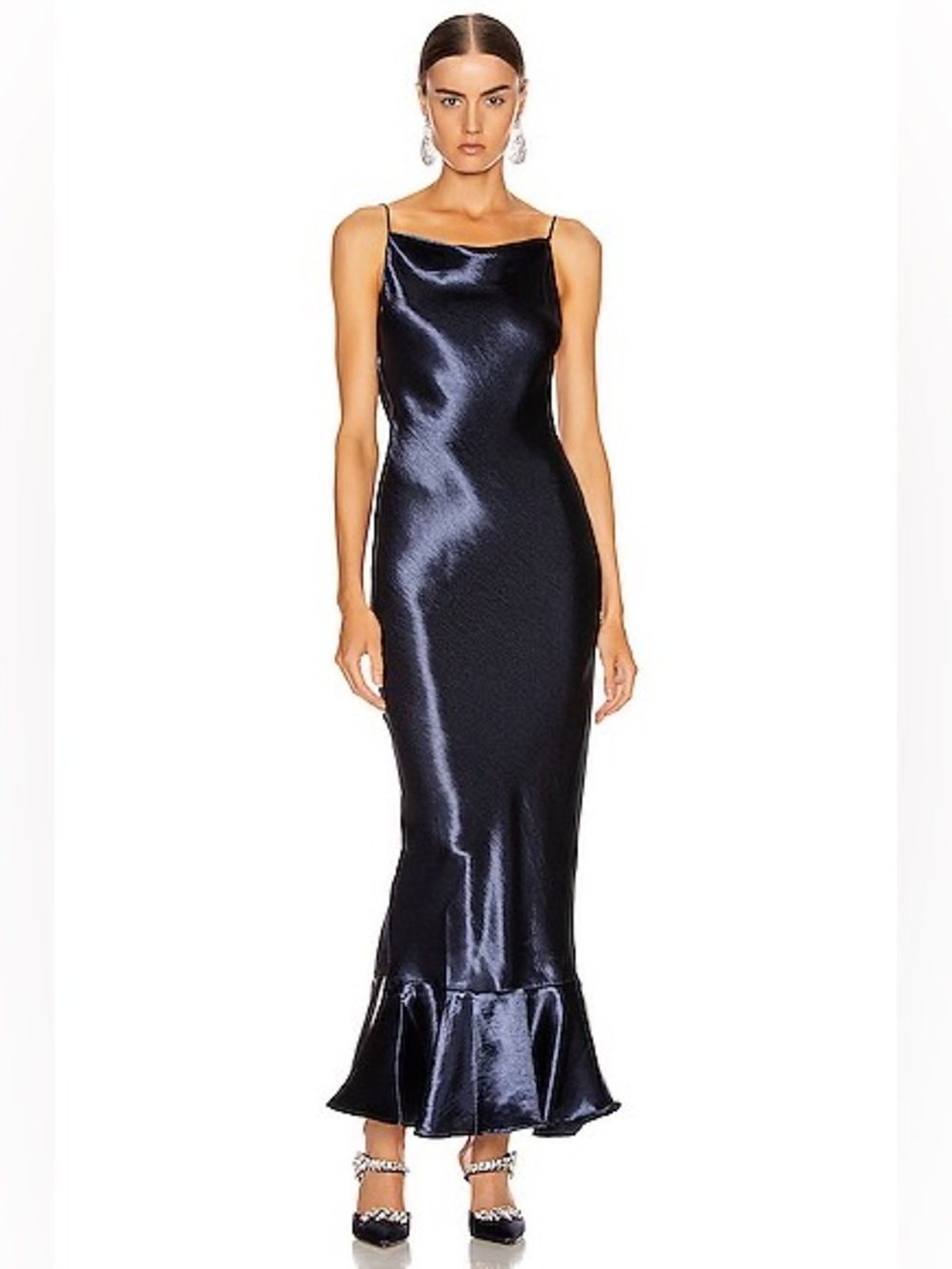 Saloni Stella Slip Maxi Dress Navy Blue Satin Formal Gown US 0